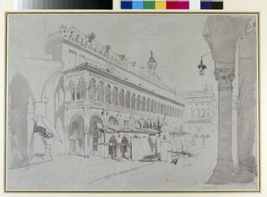 A Palazzo della Ragione és a Piazza delle Erbe, Padova, 1841. május (grafit, akvarell, testfesték, toll és tinta szürke papíron) alkotó: John Ruskin